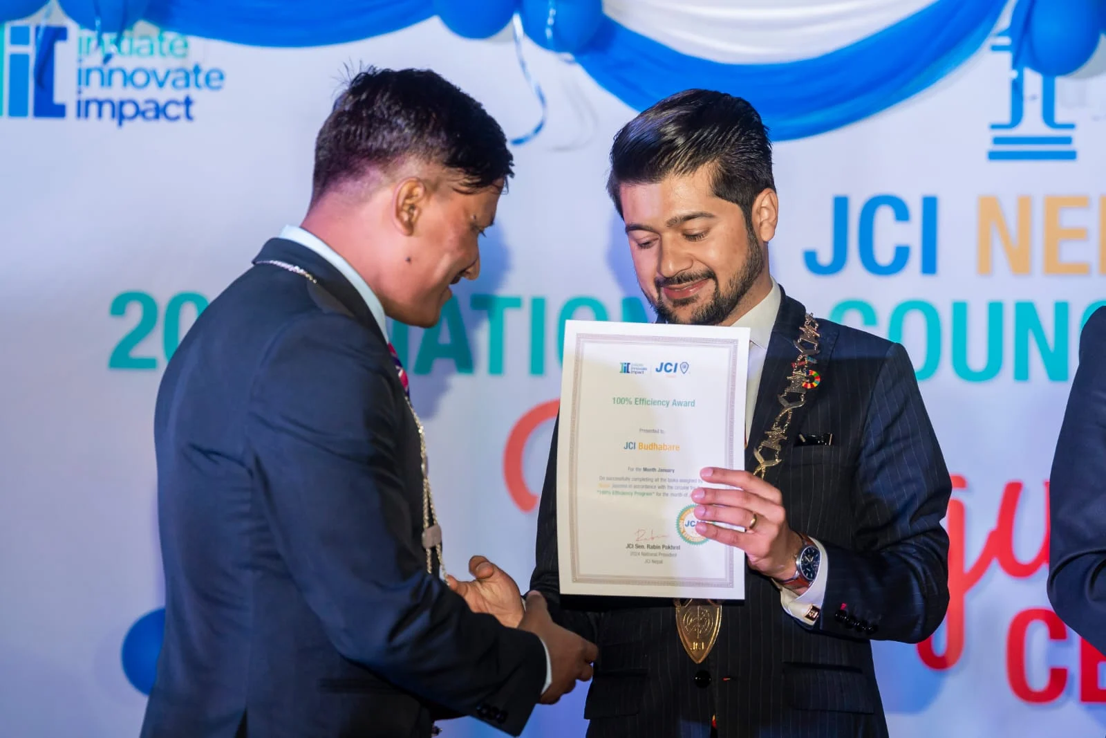 JCI Budhabare President Jc Duryodhan Singh Rajput dev receiving excellence award from JCI Nepal President JCI Senator Rabin Pokhrel.